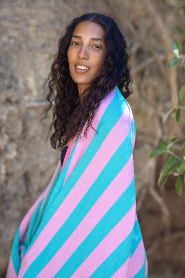 Reversible Stripe Turkish Towel - Pink and Turquoise