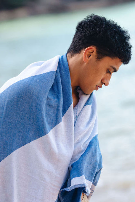 Recycled Cotton Turkish Towel - Bright Blue and Chalk