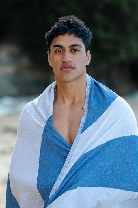 Recycled Cotton Turkish Towel - Bright Blue and Chalk