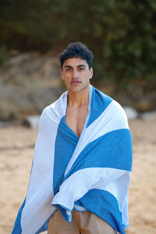 Recycled Cotton Turkish Towel - Bright Blue and Chalk