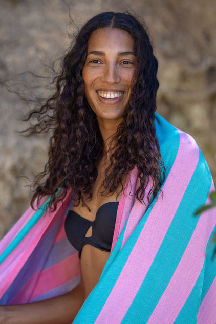 Reversible Stripe Turkish Towel - Pink and Turquoise