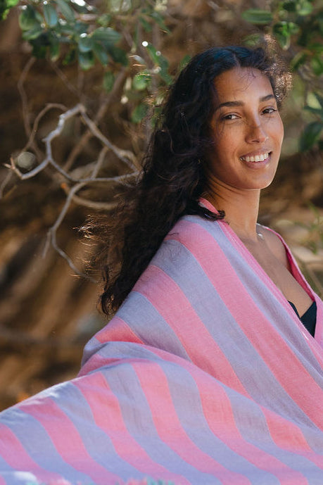 Reversible Stripe Turkish Towel - Pink and Turquoise