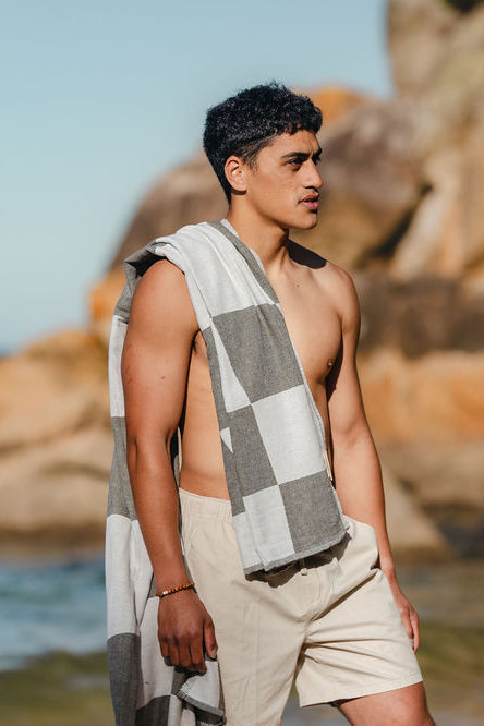 Recycled Cotton Turkish Towel - Moss Green and Chalk Check