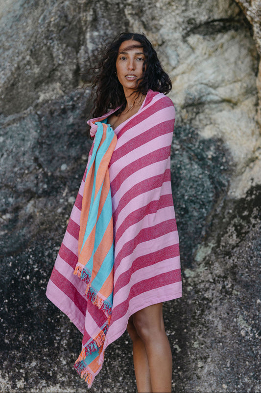 Reversible Stripe Turkish Towel - Orange & Pink