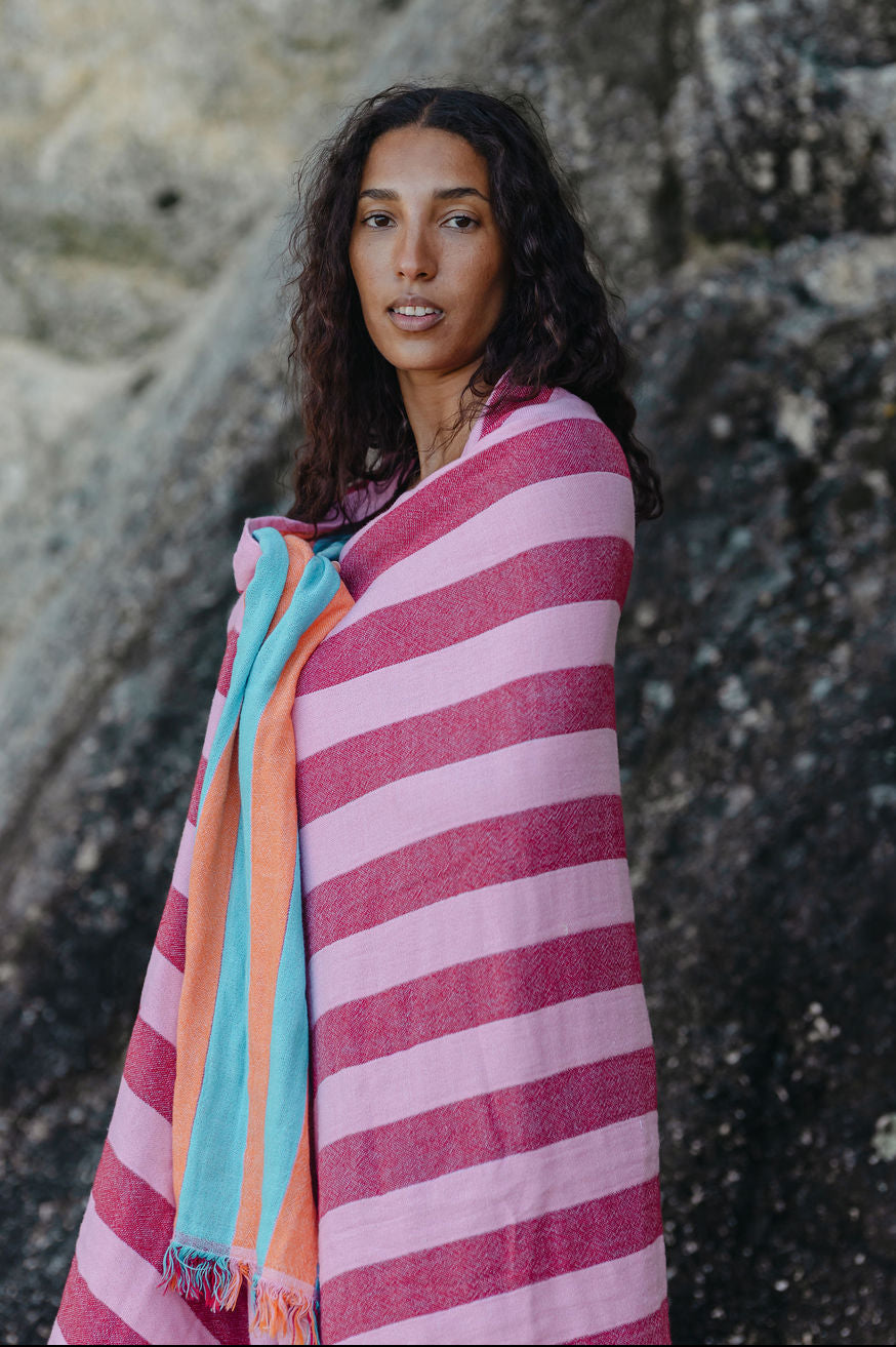 Reversible Stripe Turkish Towel - Orange & Pink
